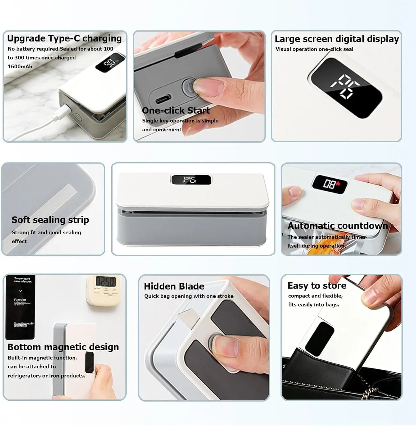 Mini Bag Sealer and Cutter – USB Rechargeable Portable Heat Sealer for Chips, Snack Bags, Coffee & Pet Food Packaging. Handheld Food Storage Sealing Machine, Compact Kitchen Gadget to Keep Food Fresh at Home, Office & Travel