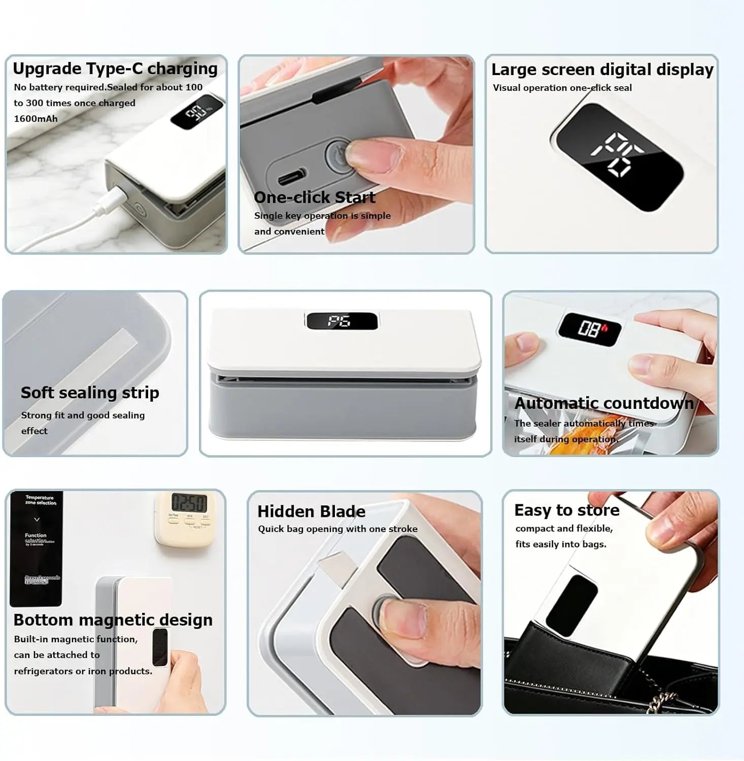 Mini Bag Sealer and Cutter – USB Rechargeable Portable Heat Sealer for Chips, Snack Bags, Coffee & Pet Food Packaging. Handheld Food Storage Sealing Machine, Compact Kitchen Gadget to Keep Food Fresh at Home, Office & Travel